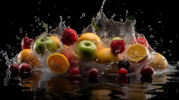 Fresh fruits with water splash isolated on black, generative ai