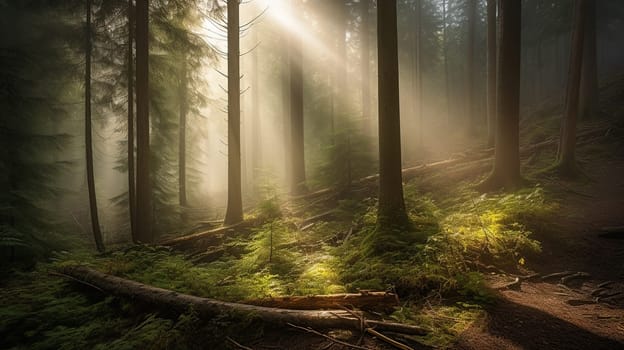 Natural Forest of Spruce Trees, Sunbeams through Fog create mystic Atmosphere, generative ai