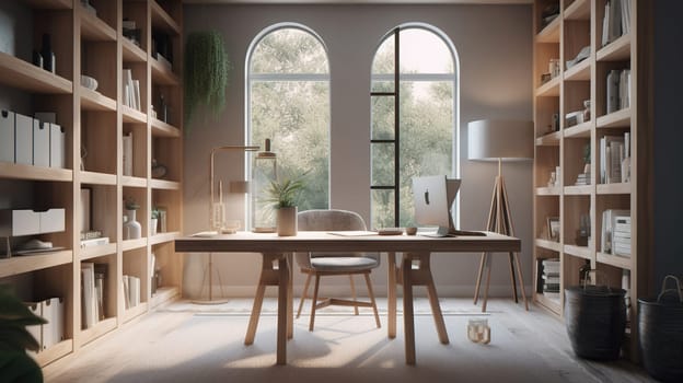 Good Looking. Interior of a modern home office next to a big window. Light wood desk with organized set up of books, office supplies and computer with some room decor around it, generative ai