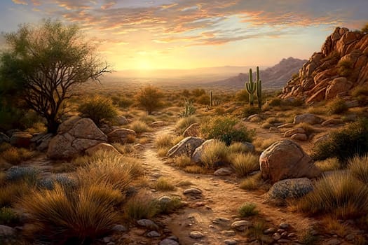 Landscape scene of the stone desert. Mountains, stones, and saguaro cacti are in the foreground. Evening sunset. The picturesque desert landscape is filled with stunning elements such as mountains, cacti, trees, and grass. The path leads to a mesmerizing view of the sky, painted with beautiful clouds and fiery sun. Toward evening, the sunset becomes a breathtaking sight. Saguaro cacti and sand add to the natural beauty of the Mexican and Arizona reserves. This illustration captures the essence of the serene nature that surrounds us. Illustration AI.