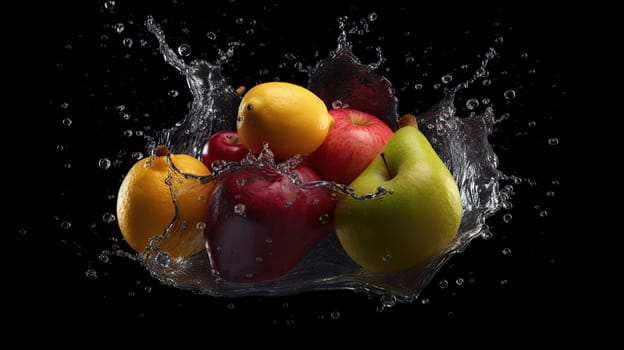 Water splash, fruit on a black background apple,orange and peach, generative ai