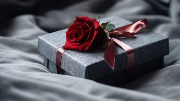 The painting shows a beautiful rose in a black gift box placed on a vintage wall. The rose adds a pop of color to the dark background, making it a perfect decoration for any room. The image is generated with the use of an AI.