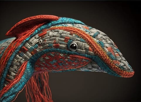 This painting depicts a beautiful dolphin made out of colorful threads, jumping out of the water in a lively and playful manner. The intricate details and vibrant colors make this piece a true work of art. The image is generated with the use of an AI.