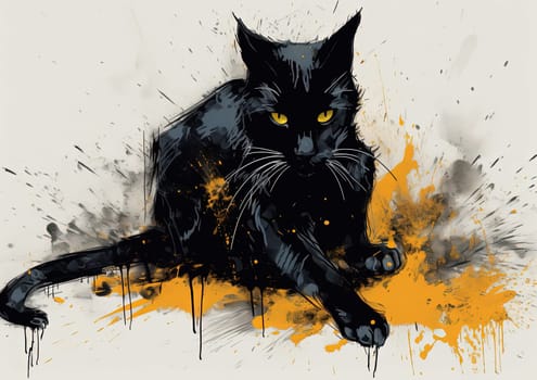 This painting depicts a beautiful black cat that is prominently displayed on a poster. The cat's sleek and elegant posture, along with its piercing green eyes, make it a perfect fit for animal lovers, cat enthusiasts, and more. The image is generated with the use of an AI.