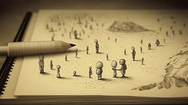 A pencil drawing in shades of gray on a yellow background depicts a group of people leaving a city, carrying their belongings and walking towards a bright horizon. The image is generated with the use of an AI.