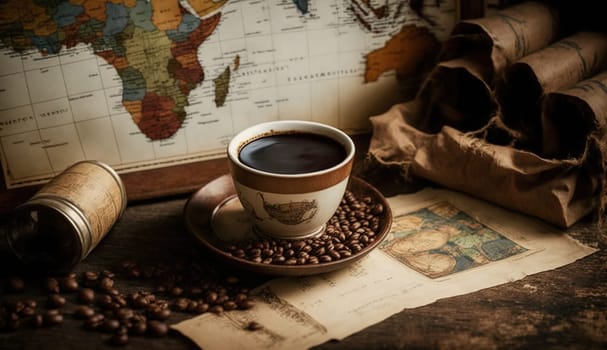 A digital painting featuring a coffee cup placed on top of a world map. The contrast of the warm coffee tones against the cool blues of the map create a calming, yet stimulating image that is perfect for any coffee or travel enthusiast. The image is generated with the use of an AI.
