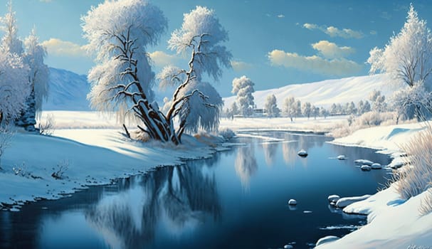 This painting features a peaceful winter scene with trees covered in snow by the side of a river. The soft blue tones evoke a sense of tranquility and calmness. The image is generated with the use of an AI.