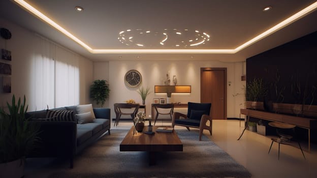 Interior of stylish living room with neon lighting, generative ai