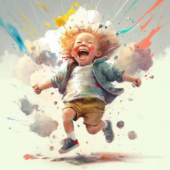 This painting depicts a happy child with a beaming smile, surrounded by colorful flowers and butterflies. The vibrant colors and cheerful composition convey a sense of happiness and contentment. The image is generated with the use of an AI.