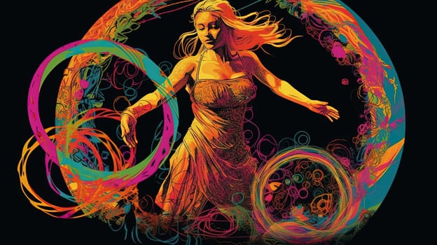 This digital painting depicts a young woman dancing gracefully in vibrant, swirling circles of color. The artwork evokes a sense of movement, energy, and joy. The image is generated with the use of an AI.
