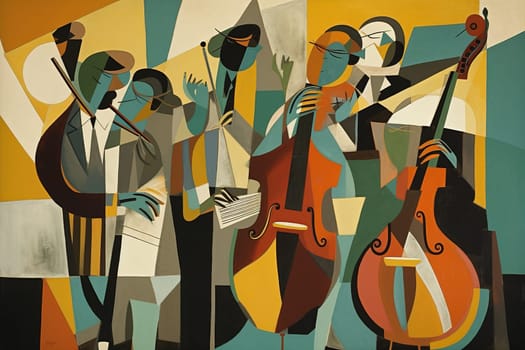 This painting features an abstract representation of a jazz ensemble playing music. The use of color and shapes creates a dynamic and energetic feel. The image is generated with the use of an AI.