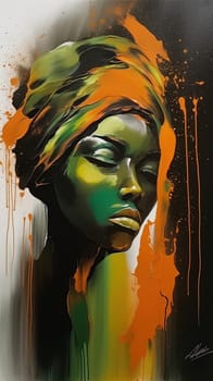 This abstract portrait features a beautiful woman with bold colors and unique brushstrokes, adding depth and intrigue to any room. The image is generated with the use of an AI.