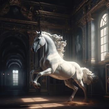 The painting depicts a beautiful, strong horse rearing up on its hind legs in the grand courtyard of a palace. The surrounding architecture and intricate details add to the grandeur of the scene. The image is generated with the use of an AI.