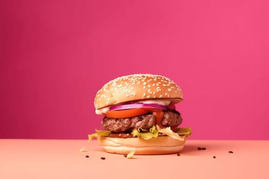 This digital art piece features a mouth-watering hamburger on a vibrant pink background. The colors and textures of the burger are sure to make you hungry! The image is generated with the use of an AI