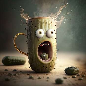 This painting features a humorous scene of a cactus with bulging eyes and a mug that appears to be screaming. It's a fun and quirky addition to any room! The image is generated with the use of an AI.