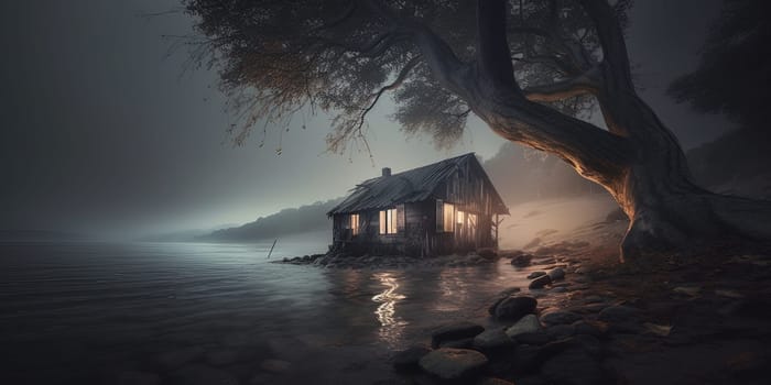 This painting depicts a serene lake house nestled under a canopy of lush trees, with the calm waters of the lake in the foreground. The use of soft colors and gentle brushstrokes creates a peaceful atmosphere, inviting the viewer to imagine themselves in this idyllic setting. The image is generated with the use of an AI.