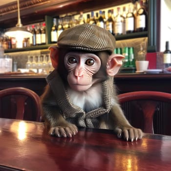 This painting features a playful monkey wearing a cap and enjoying a cup of coffee at a cafe. The vibrant colors and lively composition make it a perfect addition to any space. The image is generated with the use of an AI.
