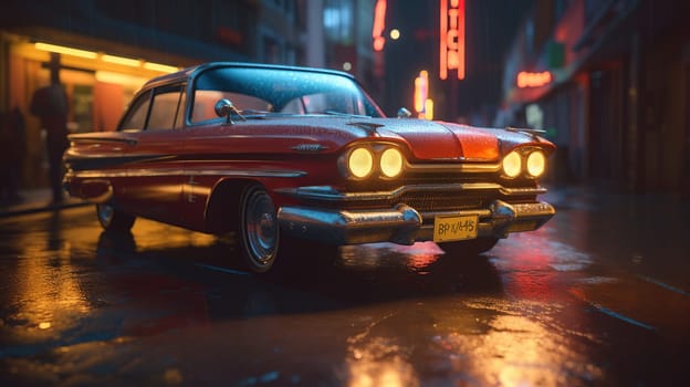 Lowrider with custom paint job, nightlife, realistic crowd of people, celebration, wide point of view, generative ai
