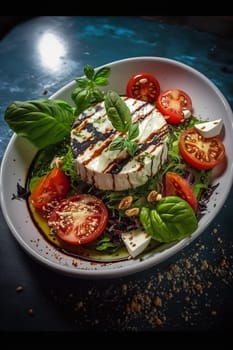 This painting features a delicious cheese plate with fresh salad and ripe tomatoes, making it the perfect image for food-related content. The image is generated with the use of an AI.