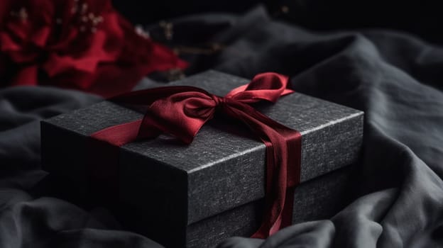A beautifully wrapped black gift box with a vibrant red ribbon tied around it, sitting on a table or shelf. The perfect image for a holiday or celebration themed project. The image is generated with the use of an AI.