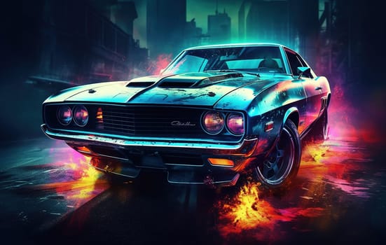 This image features a sleek and stylish sports car with bright, eye-catching colors. The image is generated with the use of an AI.