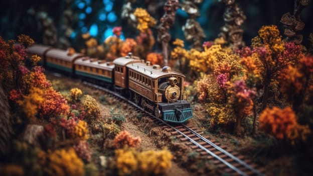 The painting depicts a colorful toy train moving along a winding railroad track through a beautiful landscape. The image captures the nostalgia and joy of childhood memories. The image is generated with the use of an AI.