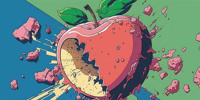 This digital artwork depicts a vibrant apple in the midst of shattering into pieces, with anime-inspired graphics and bold colors. The image is generated with the use of an AI.
