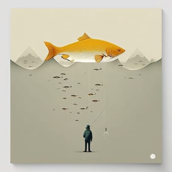 This stunning artwork print depicts a dramatic scene of a man struggling against the jaws of a giant fish while underwater. The use of vibrant colors and dynamic composition captures the intense action and danger of the moment. The image is generated with the use of an AI.