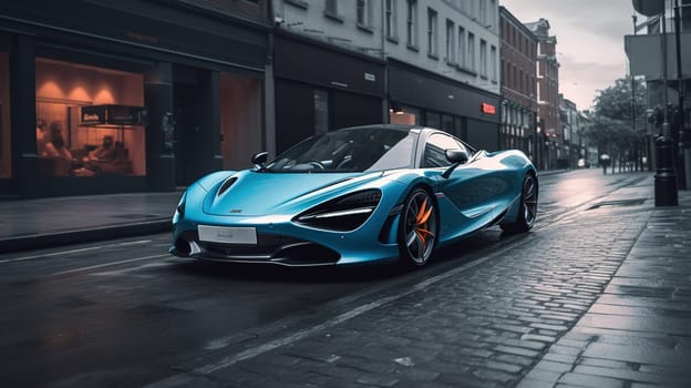 This AI-generated image shows a sleek sports car parked on a city street, surrounded by tall buildings and a bustling urban landscape. The image is generated with the use of an AI.