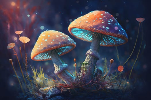 This artwork features a vibrant photograph of two mushroom specimens against a bright background. The colors are intense and the composition is visually striking. The image is generated with the use of an AI.