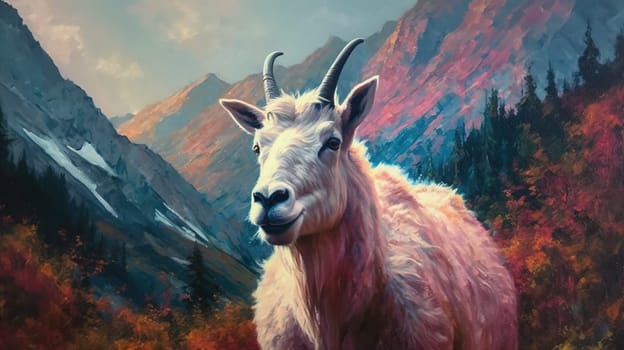 This artwork features a stunning portrait of a majestic mountain goat standing proudly on a mountaintop. The image captures the raw power and beauty of these amazing creatures in their natural habitat. The image is generated with the use of an AI.