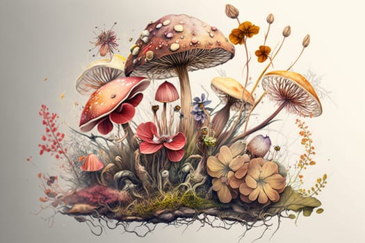 This artwork is a stunning illustration of various mushrooms, sketched with intricate detail and vibrant colors. It is perfect for anyone who loves the beauty of nature and the art of illustration. The image is generated with the use of an AI.