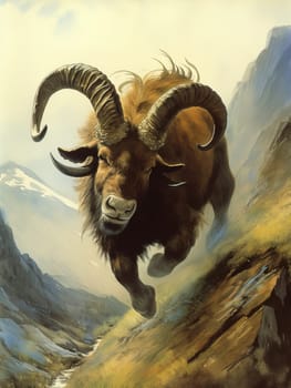 This painting depicts a majestic mountain goat standing proudly in a beautiful natural landscape. The painting is highly detailed and realistic, and captures the wild and untamed spirit of the animal. The image is generated with the use of an AI.