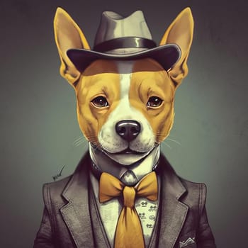 A whimsical painting of a red dog dressed in a hat and suit, standing upright and looking out. The image is generated with the use of an AI.
