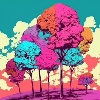 This vibrant digital painting depicts whimsical candy trees in a surreal landscape. The trees are adorned with colorful candies, and the sky is a pastel rainbow. It's a perfect addition to any room for those who love the sweet and surreal. The image is generated with the use of an AI.