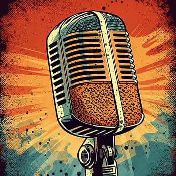 This is a bright and bold poster featuring a classic radio microphone against a vibrant background. The image is generated with the use of an AI.