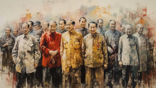 This vintage archival photo features the faces of the ruling class of North Korea. The image captures the political atmosphere and the power dynamics of the time. The image is generated with the use of an AI.