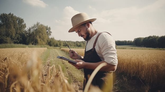 This painting depicts a farmer working in a wheat field, surrounded by the vast and peaceful countryside. The golden hues of the wheat and the blue skies create a serene and idyllic scene. The image is generated with the use of an AI.