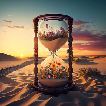 This stunning digital art piece features a mesmerizing visual of sand trickling through an hourglass, representing the timeless nature of time. The intricate details and vibrant colors bring a sense of wonder and contemplation to any space. The image is generated with the use of an AI.