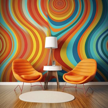 This painting showcases a modern and chic interior, featuring two elegant chairs and a sleek lamp. It's the perfect addition to any contemporary home decor. The image is generated with the use of an AI.