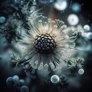 This digital artwork features a unique combination of a pinecone and a dandelion, forming a whimsical and dreamlike image. The image is generated with the use of an AI