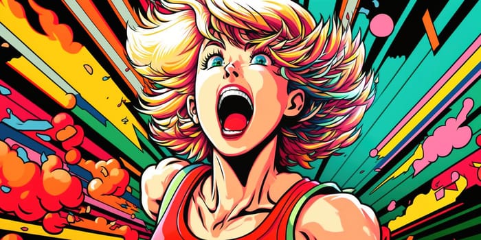 This digital painting features a girl with colorful hair and bright eyes screaming, surrounded by a vibrant abstract background. The image is generated with the use of an AI.