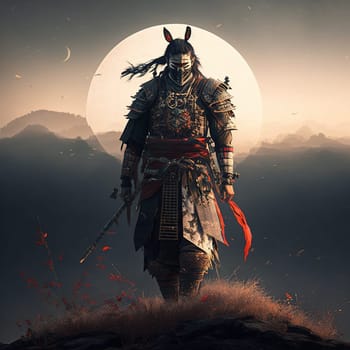 A majestic warrior stands atop a hill, overlooking the stunning sunrise with his sword in hand. The vibrant colors of the sky and the warrior's armor create a stunning contrast, making for a powerful and striking image. The image is generated with the use of an AI.