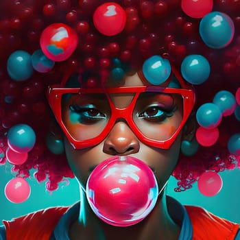 A portrait of a young woman blowing a bubblegum bubble while wearing glasses. The image is generated with the use of an AI.