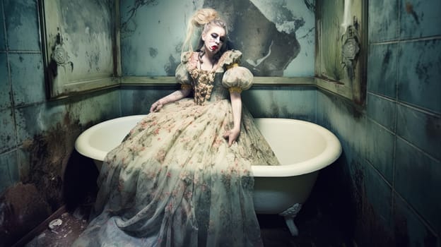 An old queen relaxing in a vintage bathtub with elegant decor. The painting features warm colors and intricate details. The image is generated with the use of an AI.
