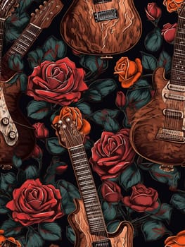 This beautiful wallpaper print features a stunning composition of a guitar nestled among a bed of blooming roses. The soft and delicate colors create a soothing and romantic atmosphere, making it the perfect addition to any cozy and inviting living space. The image is generated with the use of an AI.