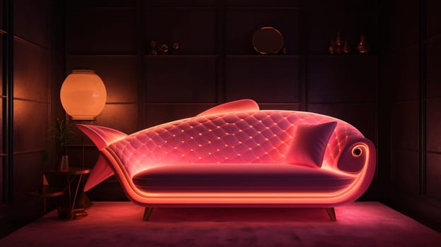 A painting of a cozy living room with a pink fish patterned sofa as the centerpiece. The warm lighting and soft color palette create a comfortable and inviting atmosphere. The image is generated with the use of an AI.