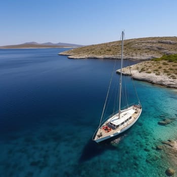 A stunning aerial view of a luxurious yacht docked in a picturesque bay, surrounded by crystal clear water and lush greenery. The image captures the beauty and tranquility of a perfect summer day on the water. The image is generated with the use of an AI.