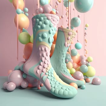 A painting of colorful rain boots lined up by a door on a rainy day. The image is generated with the use of an AI.