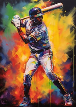 This painting depicts a baseball player in action, captured in a vibrant and colorful oil painting style. The image showcases the player in mid-swing, with a dynamic and energetic composition. The image is generated with the use of an AI.
